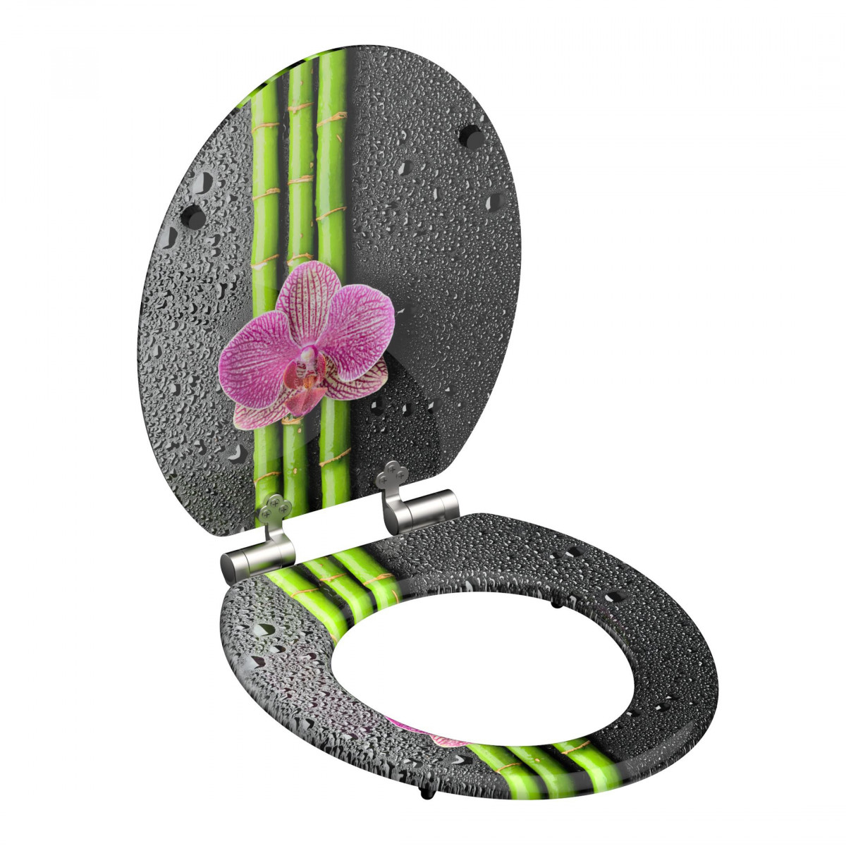 Geöffneter WC-Sitz mit schwarzem Wassertropfenmuster, grünen Bambusstäben und pinker Orchidee.
