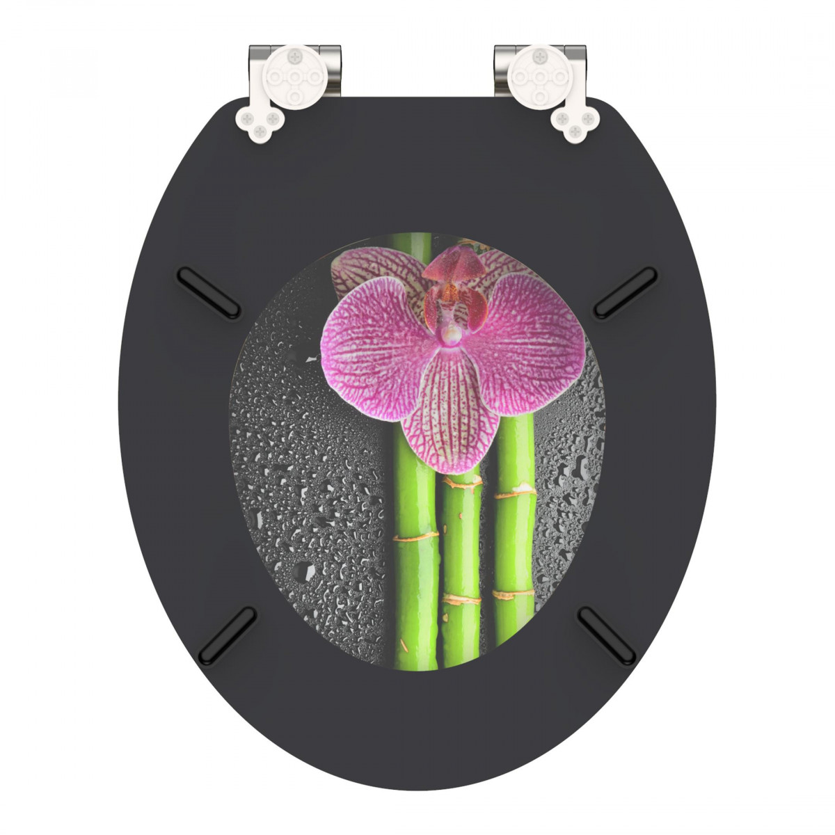 Schwarzer WC-Sitz mit Orchideen- und Bambusmotiv sowie weißen Metallscharnieren.