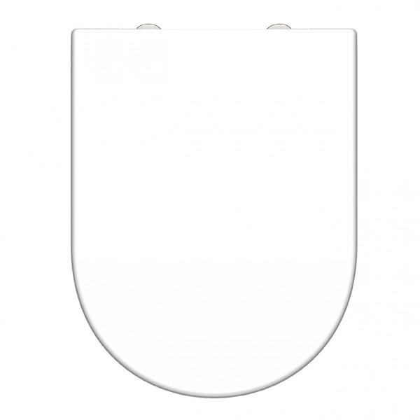 Weißer ovaler WC-Sitz mit geschlossenem Deckel, mit sichtbaren Scharnieren oben.