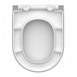 Unterseite eines weißen Toilettensitzes mit Scharnieren und Puffern.