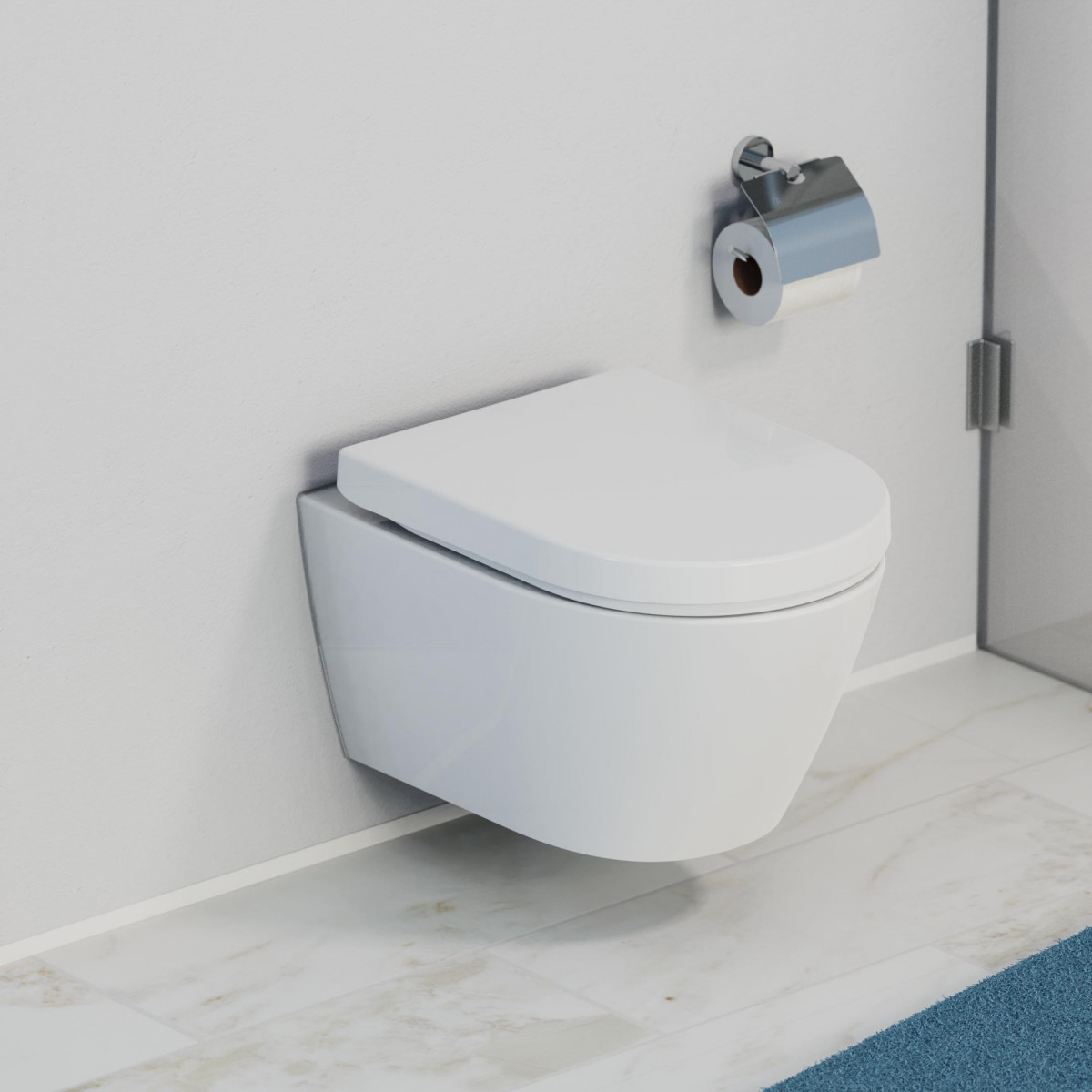 Wandhängendes WC mit geschlossenem Deckel und Toilettenpapierhalter aus Metall darüber.