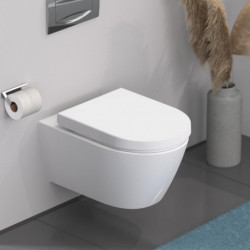 Wandhängendes WC mit geschlossenem Deckel und Toilettenpapierhalter an weißer Wand.