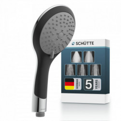 Handbrause mit grauer Duschplatte und schwarzem Griff, daneben passende Verpackung - Schütte Broadway