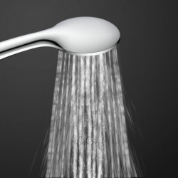Handbrause mit ovalem Duschkopf und herabfließendem Wasserstrahl.