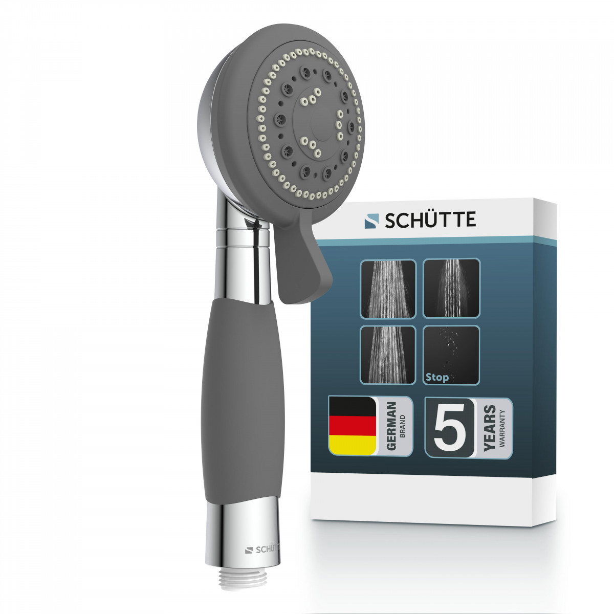 Graue Handbrause mit runder Strahlplatte und Chromgriff neben Verpackung – Schütte VITAL