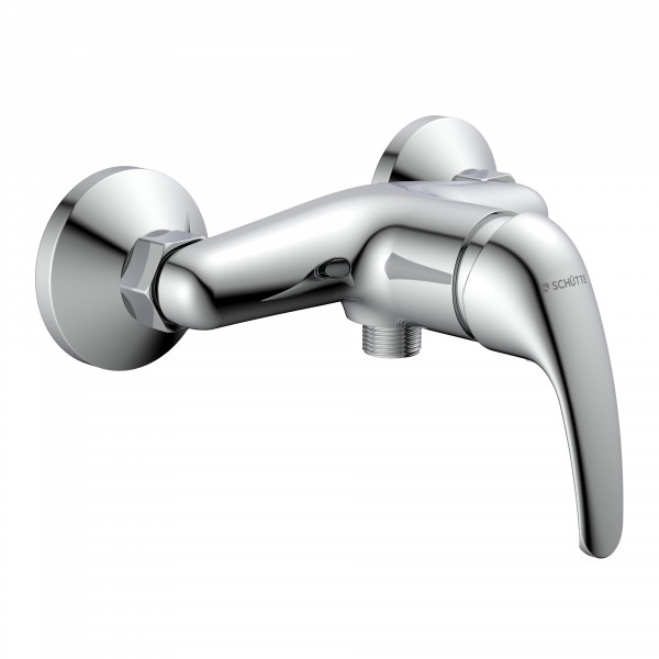 Verchromte Wand-Duscharmatur mit Einhebelmischer und Anschluss unten.