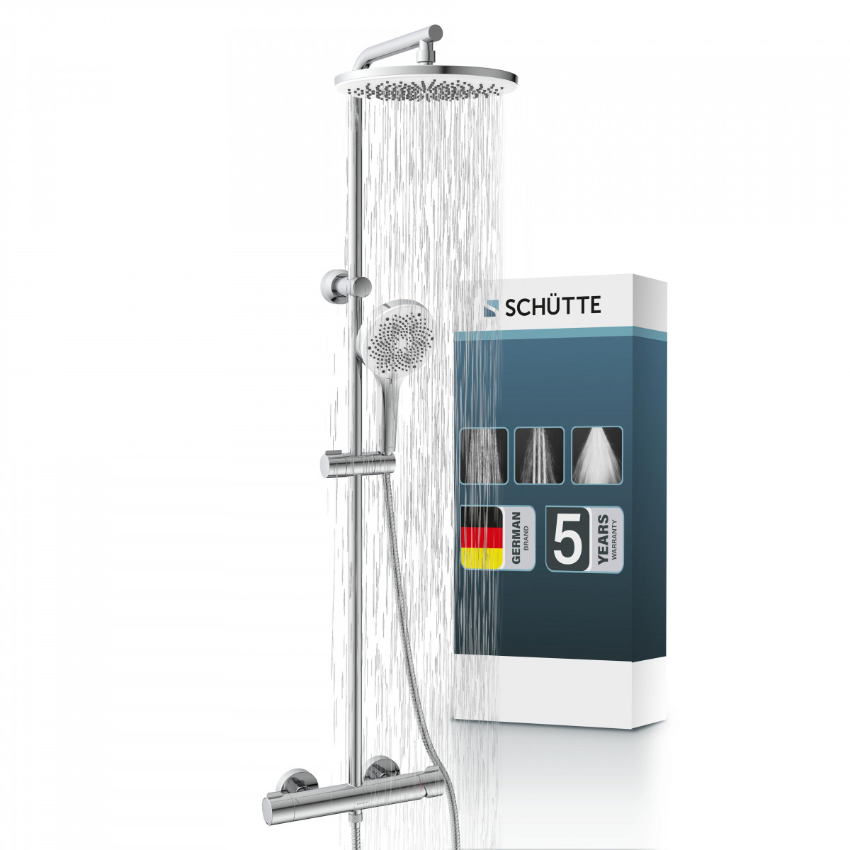 Duschsystem mit runder Kopfbrause, Handbrause und Thermostatarmatur – SCHÜTTE JAVA