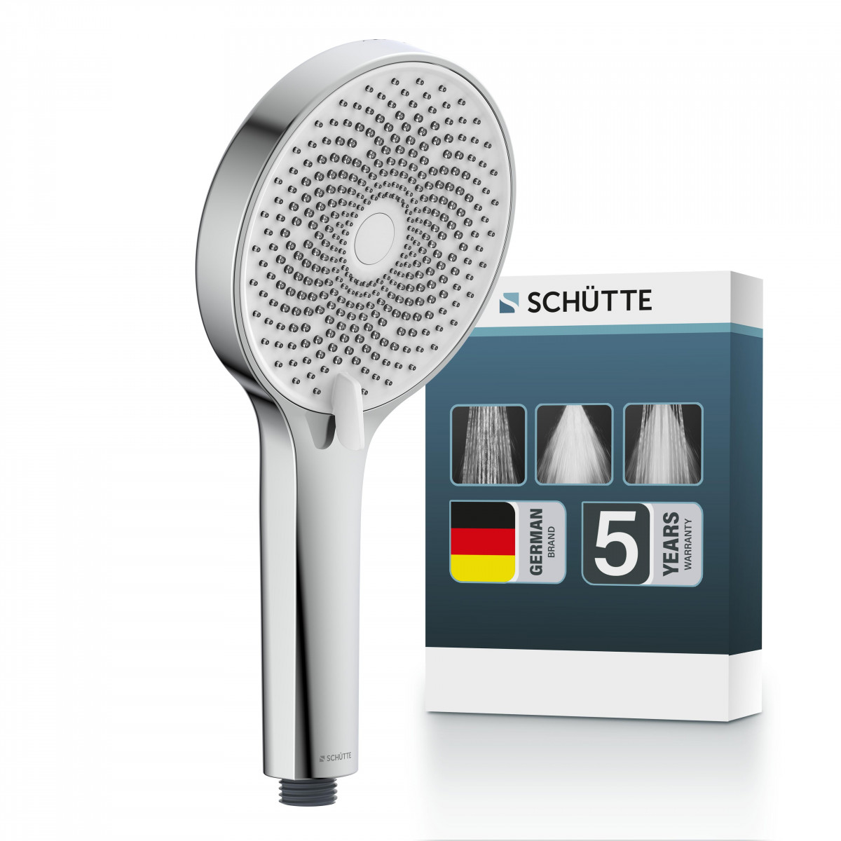 Runde Handbrause mit vielen Düsen aus Chrom vor passender Produktverpackung - Samoa Rain.