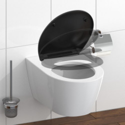 Schwarzer WC-Sitzdeckel hochgeklappt an Wand-WC mit seitlicher Toilettenpapierhalterung.