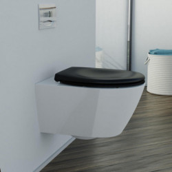 Wandhängendes WC mit schwarzem WC-Sitz und Betätigungsplatte an der Wand.