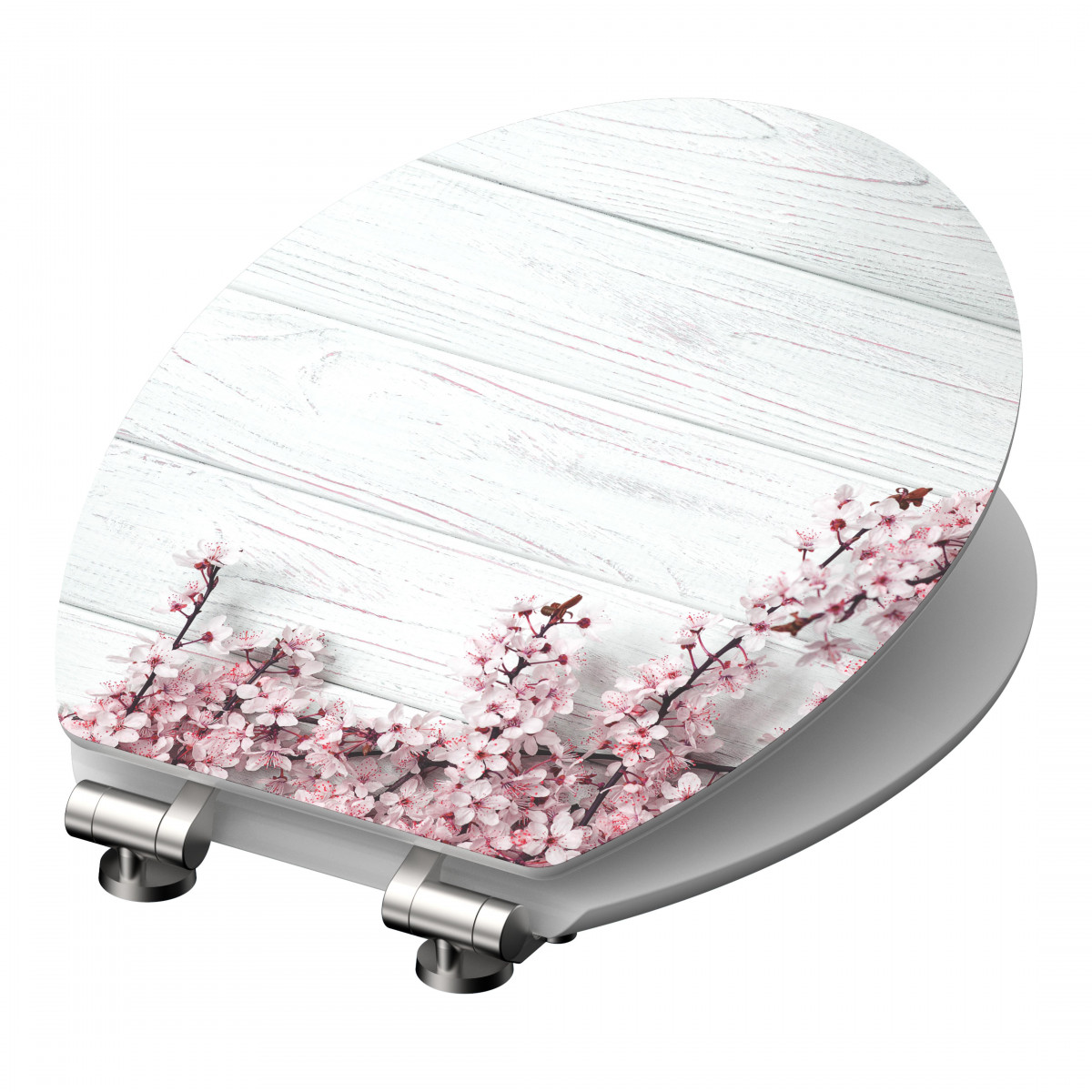 WC-Sitz mit Motiv aus rosa Blütenzweigen auf hellem Holzhintergrund