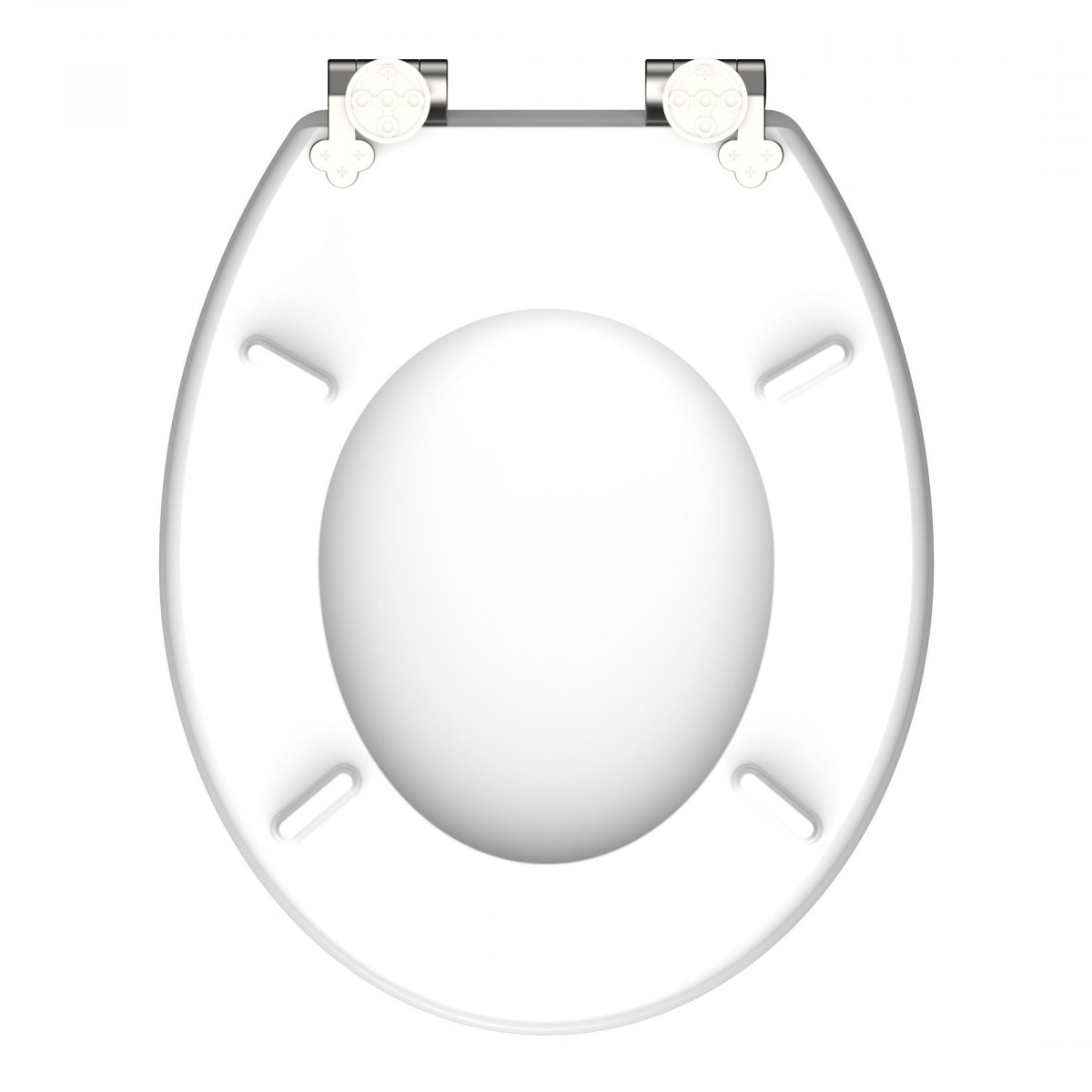 Weißer ovaler Toilettensitz mit Metall-Scharnieren in Ansicht von unten.