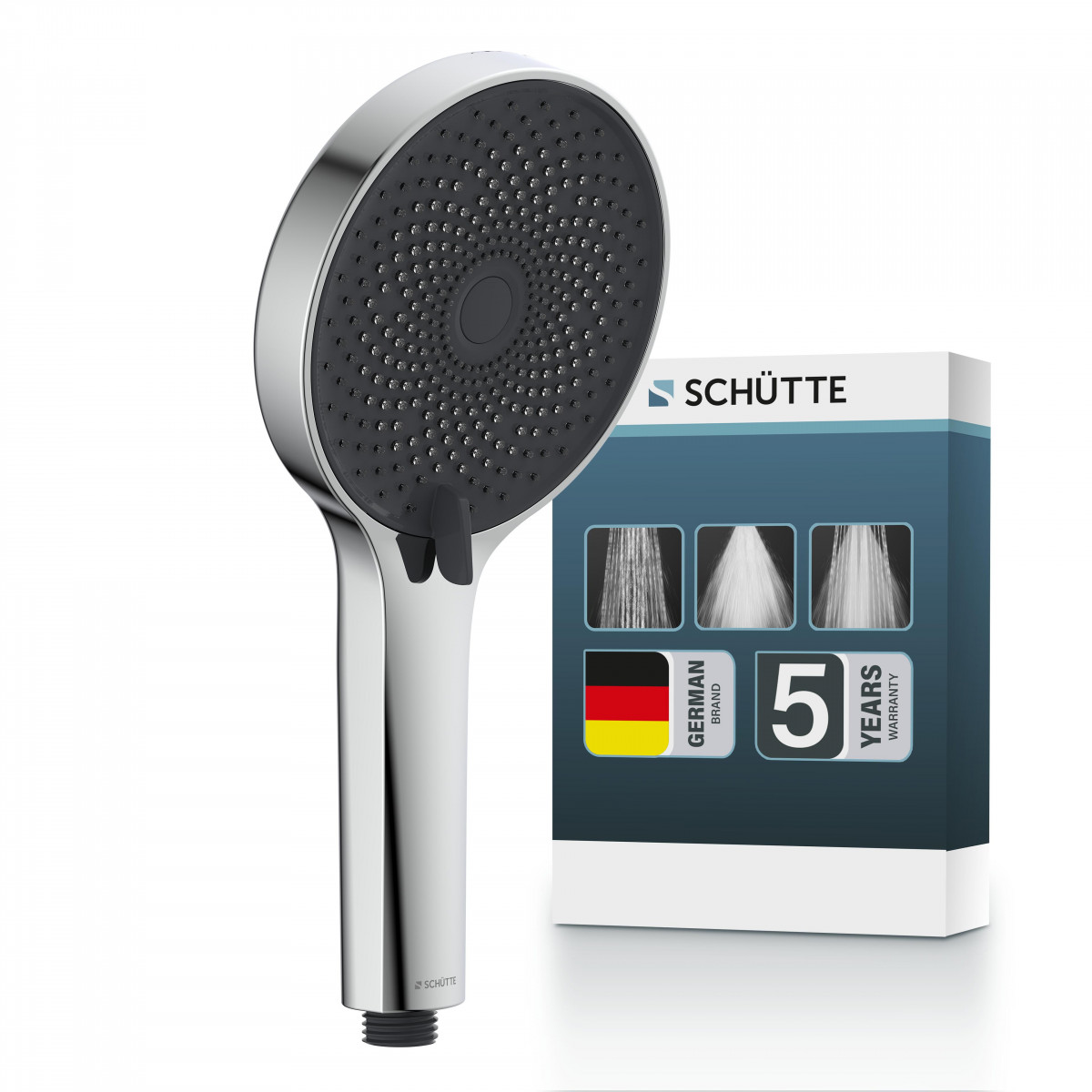 Runde Handbrause mit grauer Strahlscheibe und silbernem Griff vor passender Verpackung - Samoa Rain.