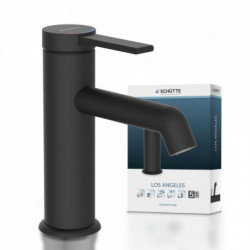 Schwarze Waschtischarmatur mit zylindrischem Körper und seitlichem Hebelgriff