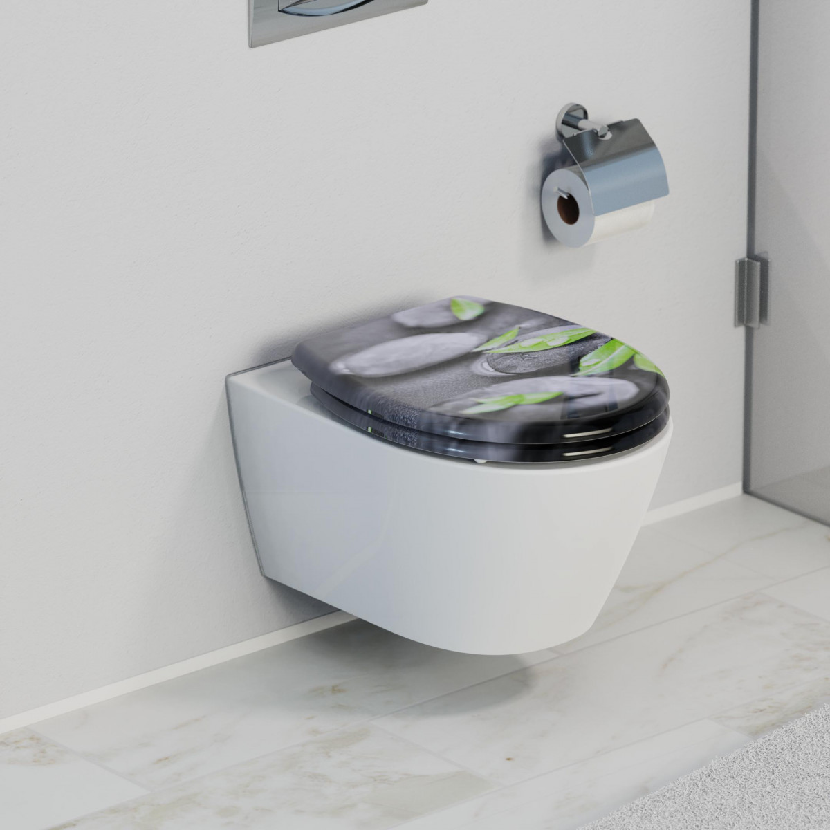 Wandhängendes WC mit Toilettensitz mit Stein- und Blättermotiv