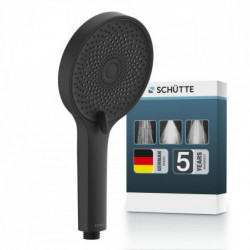 Schwarze Handbrause mit feinen Düsen, stehend vor passender Produktverpackung - Samoa Rain.