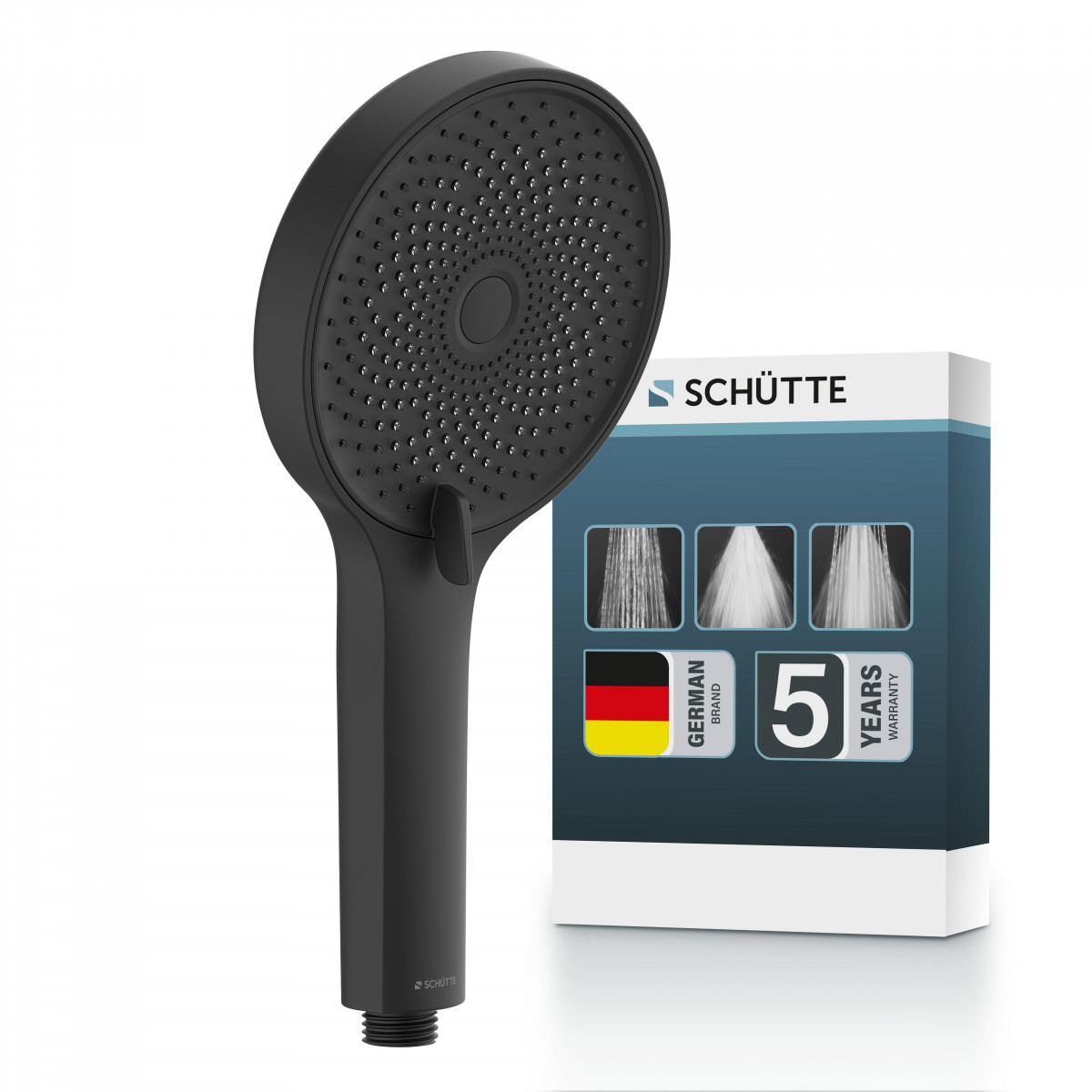 Schwarze Handbrause mit feinen Düsen, stehend vor passender Produktverpackung - Samoa Rain.