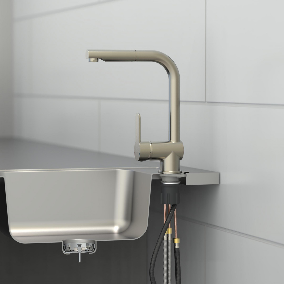 LONDON Sink mixer, stainless steel look, with pull-out spout