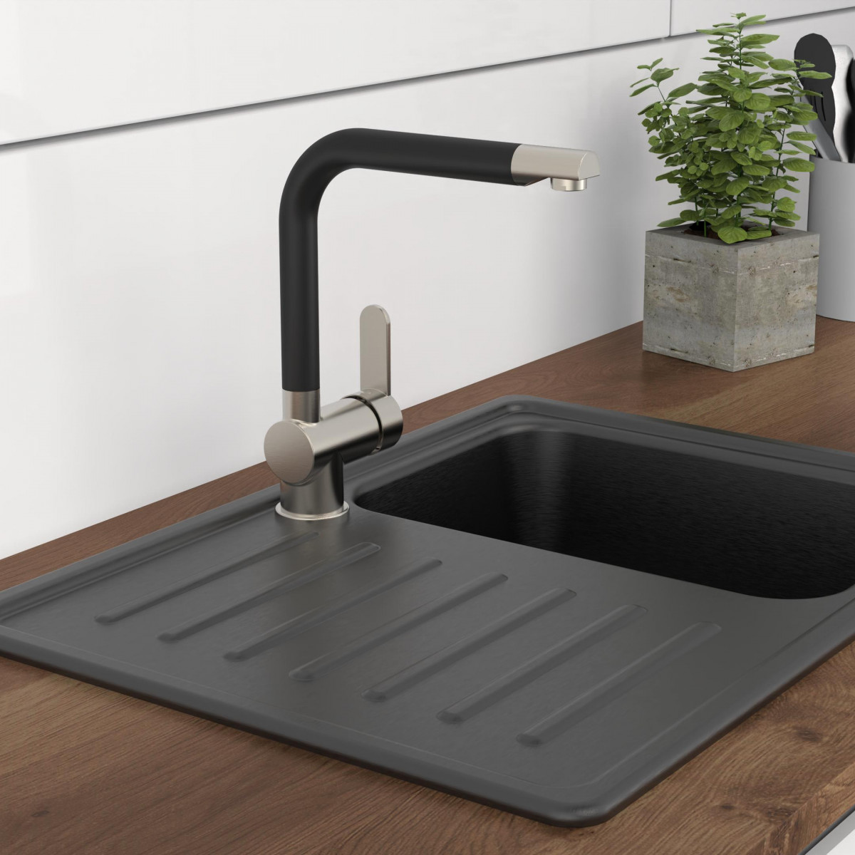 RIO Sink mixer, stainless steel look/black matt