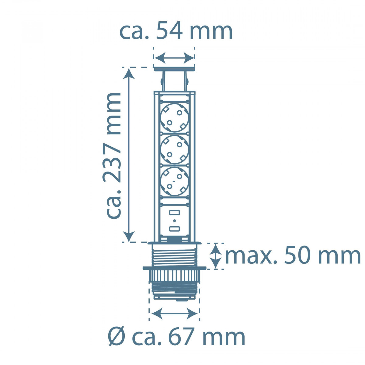 E1 Prise encastrée escamotable, triple et 2 x USB