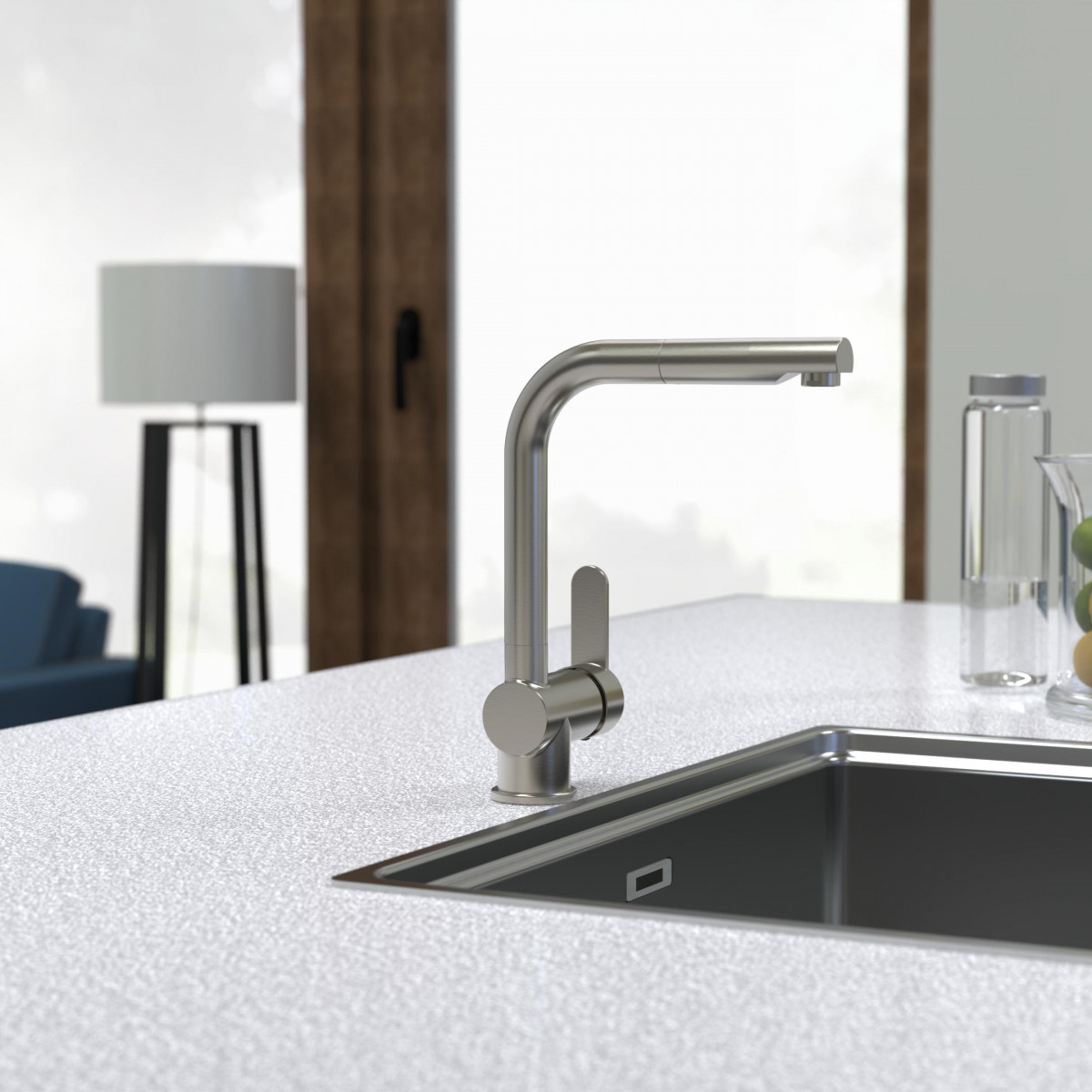 LONDON Sink mixer, stainless steel look, with pull-out spout