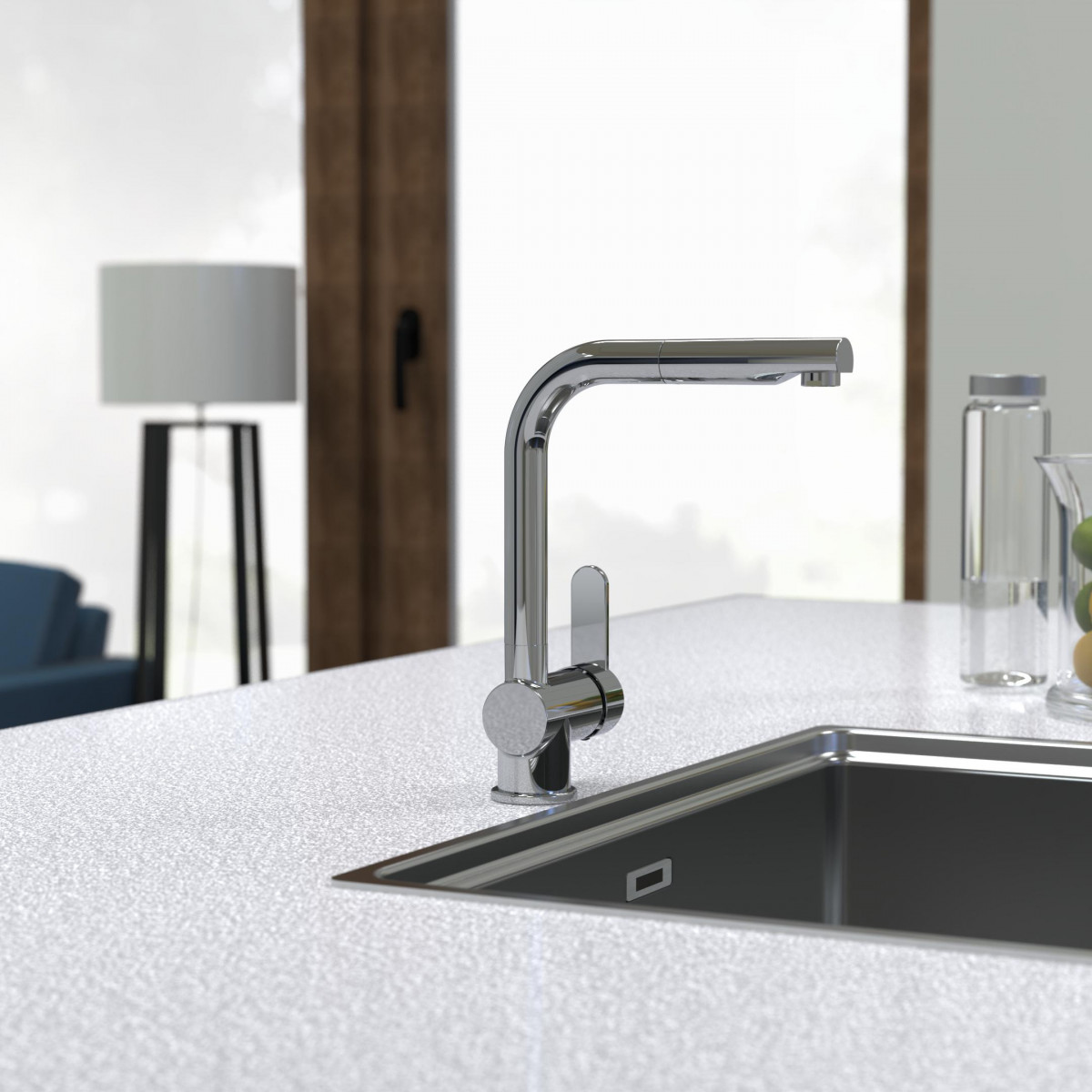 LONDON Sink mixer low pressure, chrome, with pull-out spout