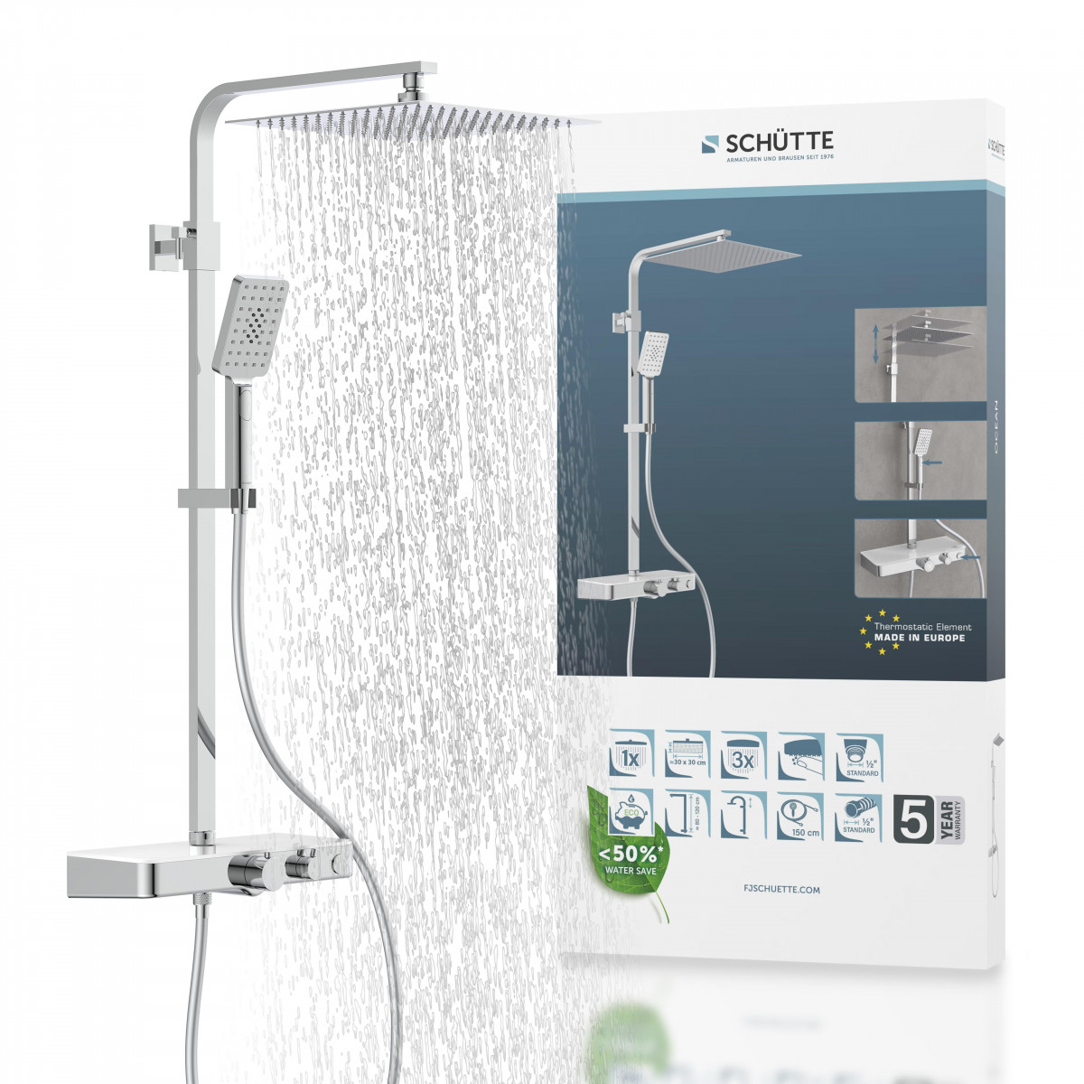 OCEAN Overhead shower set, chrome/ white, with thermostatic tray