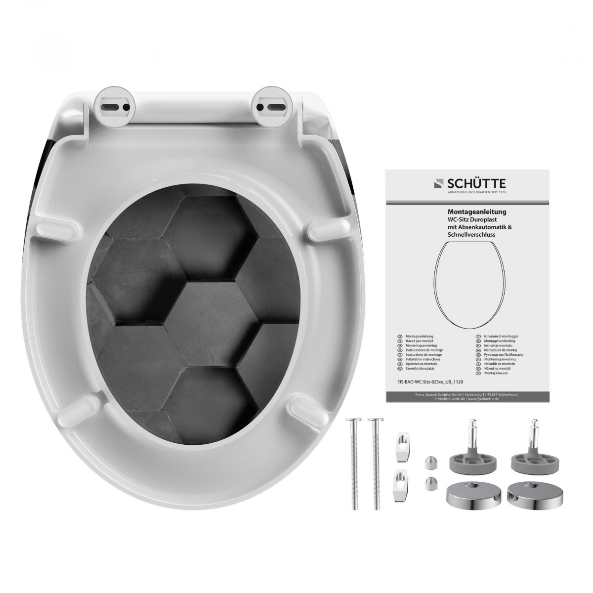 Abattant WC en Duroplast GREY HEXAGONS avec Frein de Chute et Déclipsable