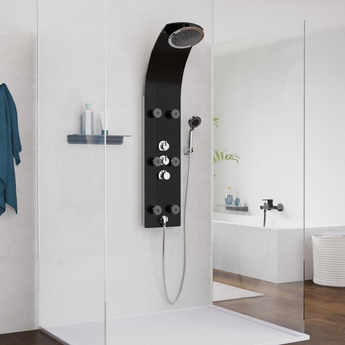 LANZAROTE Shower panel, thermostatic mixer, glass/ black