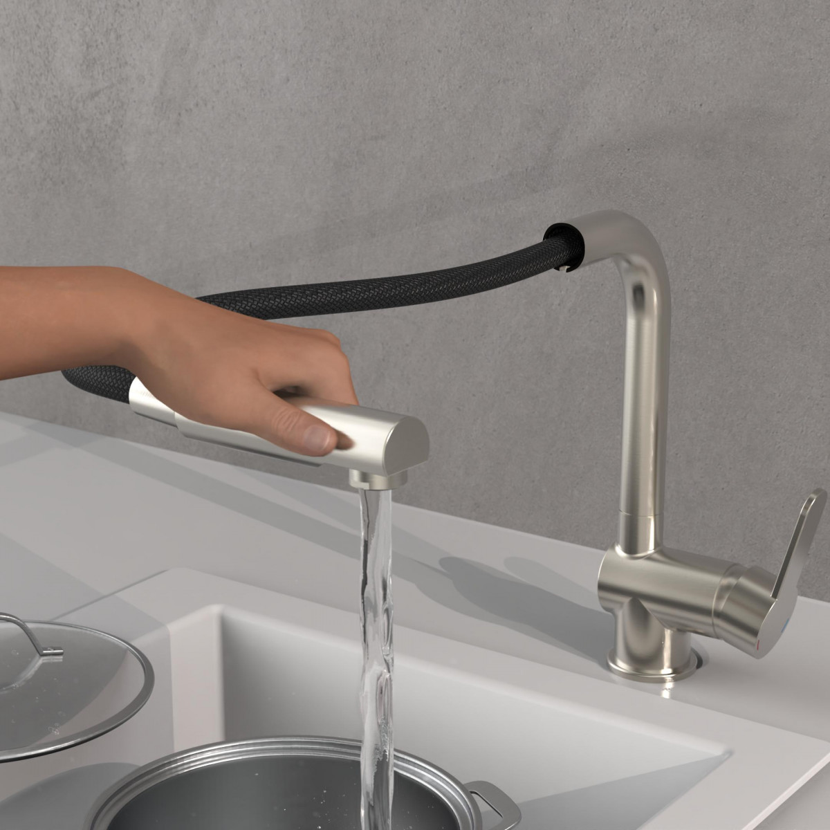 LONDON Sink mixer low pressure, stainless steel look, with pull-out spout