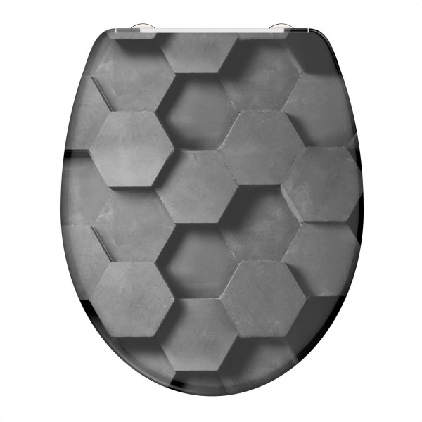 Abattant WC en Duroplast GREY HEXAGONS avec Frein de Chute et Déclipsable