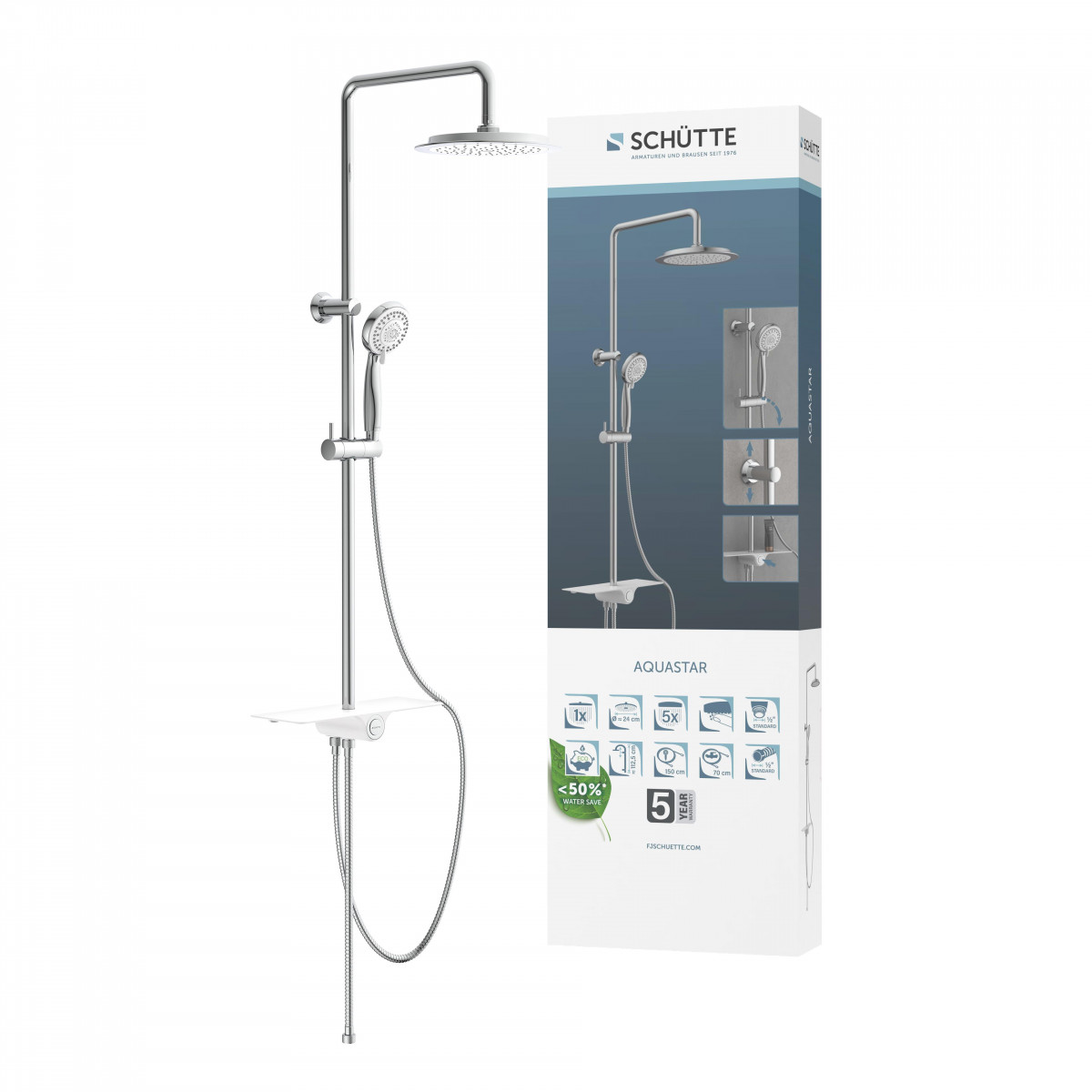 AQUASTAR Overhead shower set, chrome/ white, with tray (mid diverter)