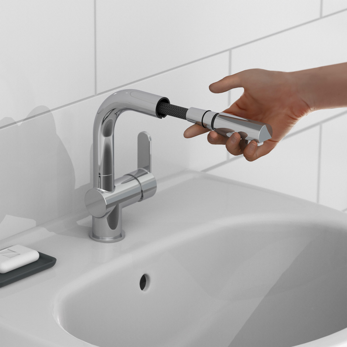 LONDON Wash basin mixer, chrome, with pull-out hair sprayer