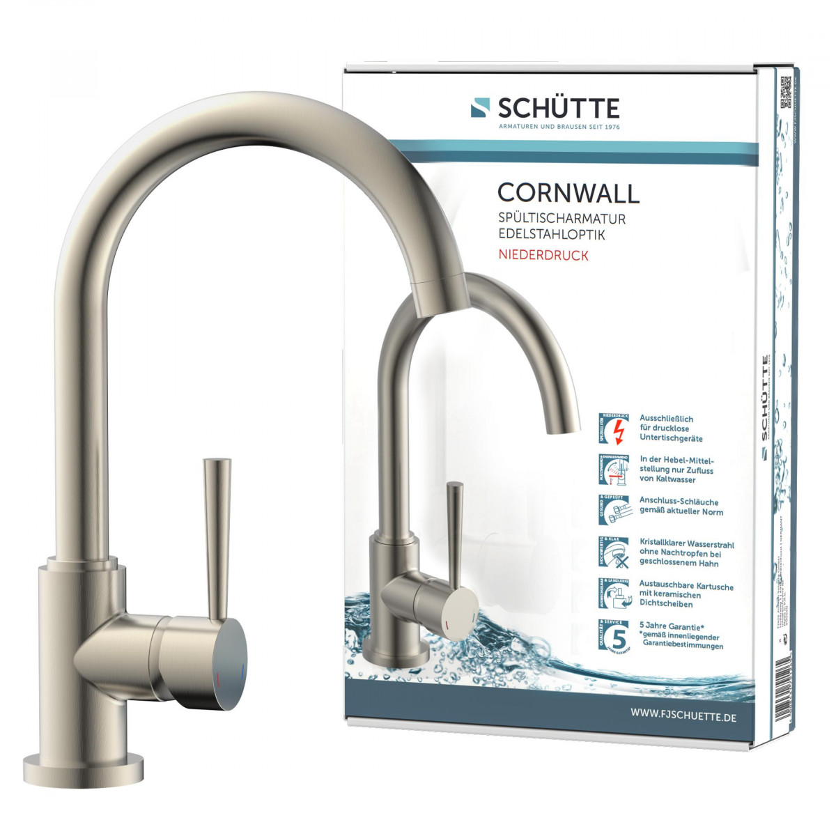 CORNWALL Sink mixer low pressure, stainless steel look