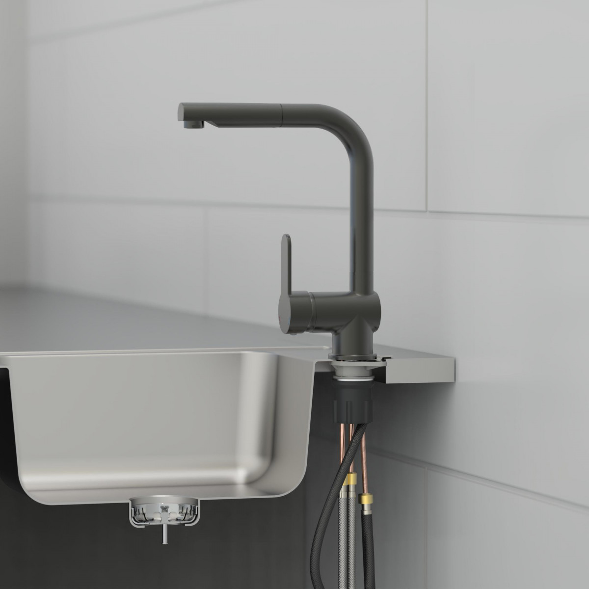 LONDON Sink mixer, graphite matt, with pull-out spout