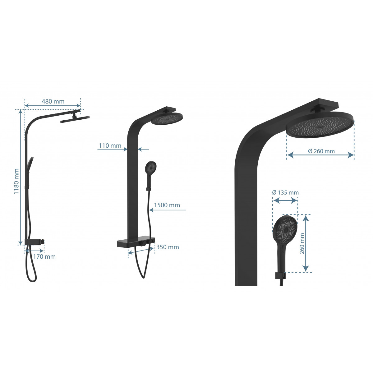 SAMOA RAIN Hoofddoucheset, mat zwart, met thermostatisch planchet